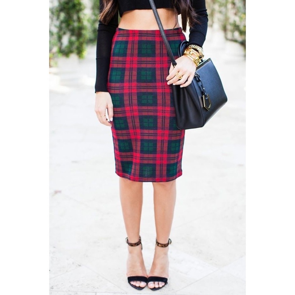 Plaid Stretch Knit Pencil Skirt